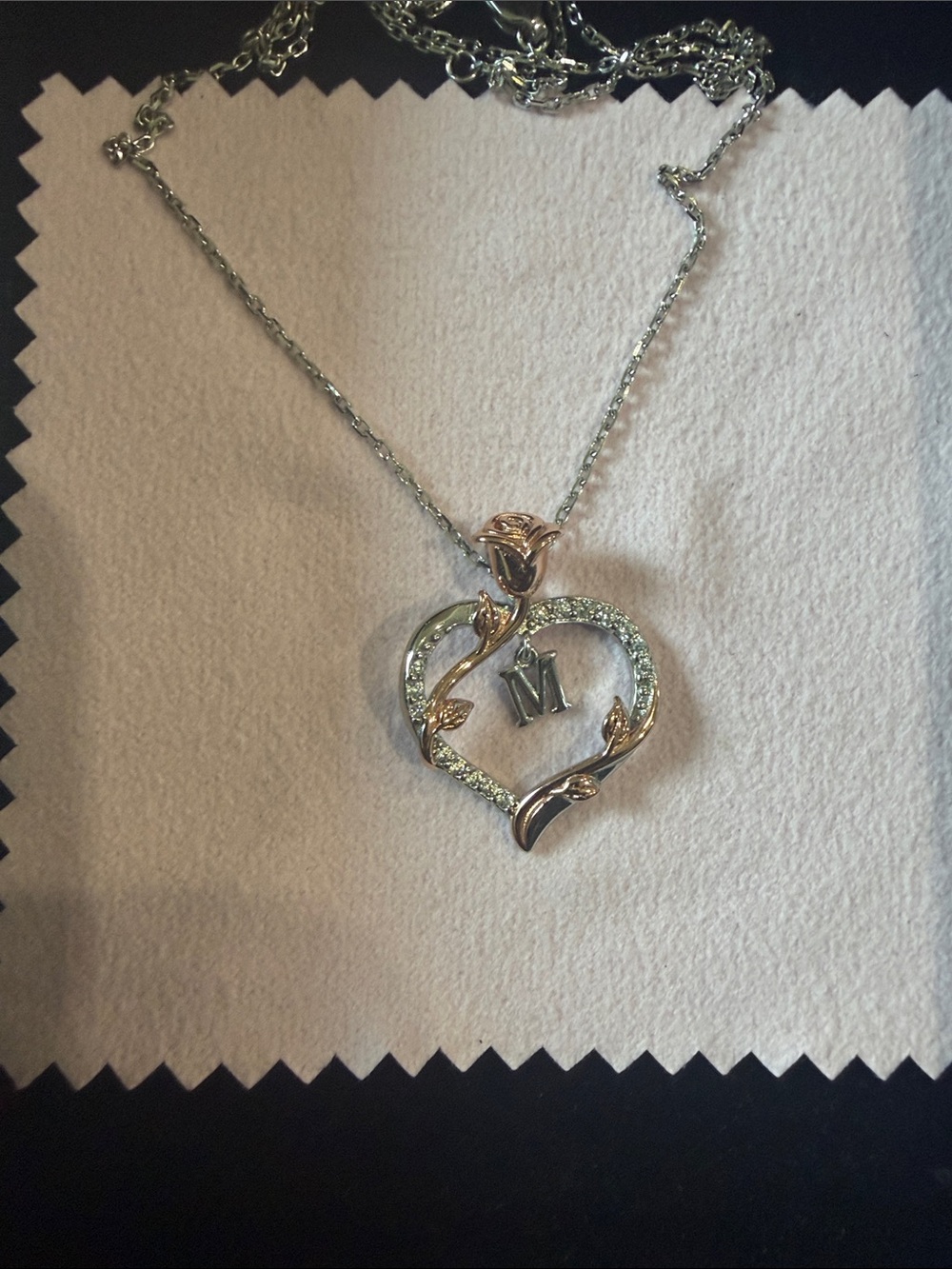Sterling Silver Heart Pendant Necklace with 'M' Initial in Silver and Rose Gold